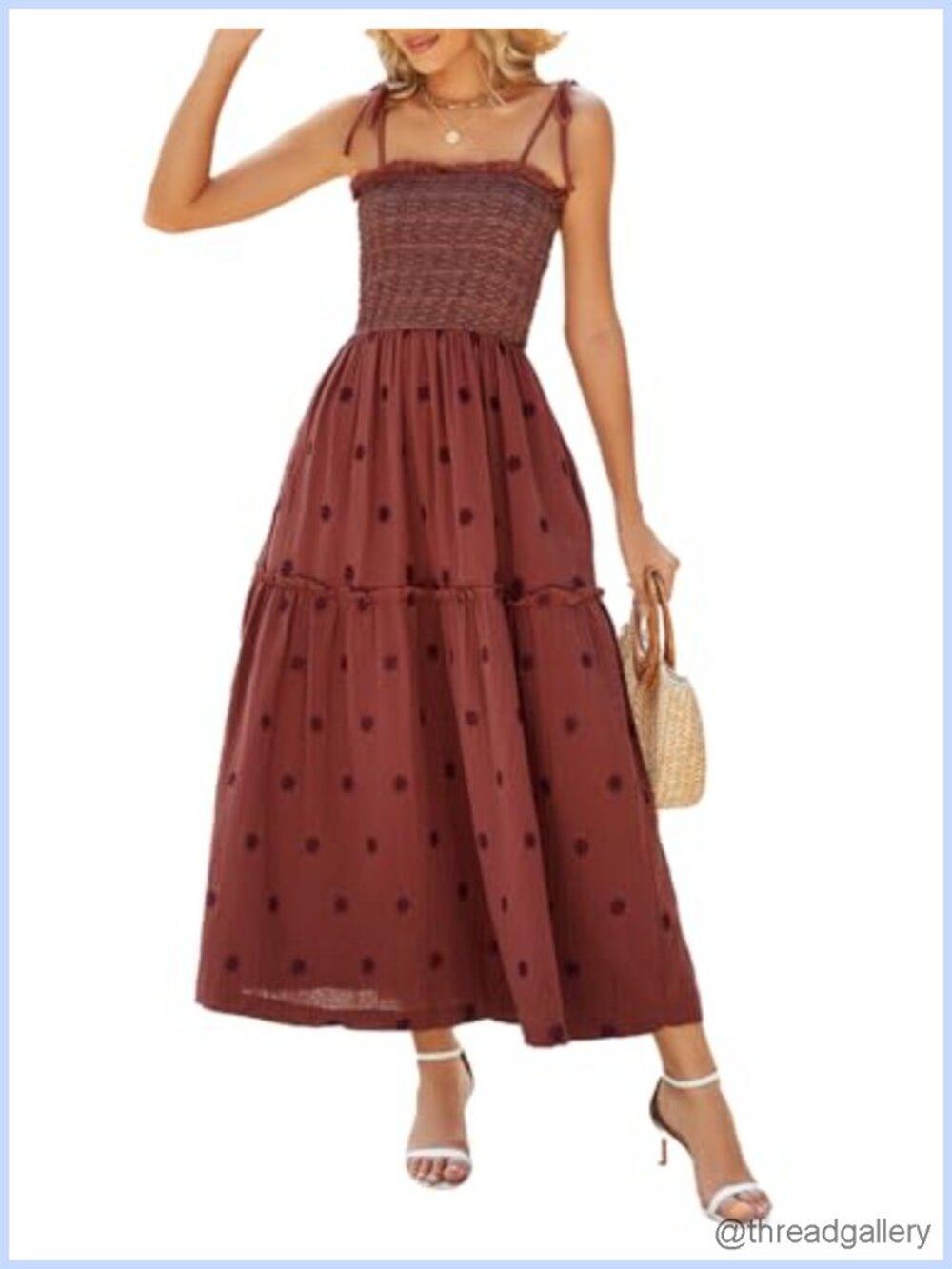Women Floral Embroidered Smocked Boho Maxi Dress Sleeveless Tie Shoulder